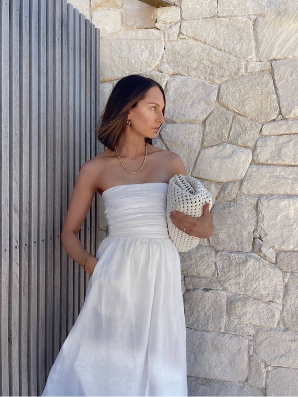CAMILA COELHO • Cari Ruched Bodice Strapless White Cotton Maxi Dress